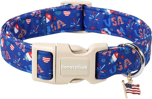 Lionet Paws 4th of July Dog Collar- Cute Summer Blue Dog Collars with Plastic Buckle and Flag Pendant, Light Adjustable Dog Collars for Small Medium Dogs