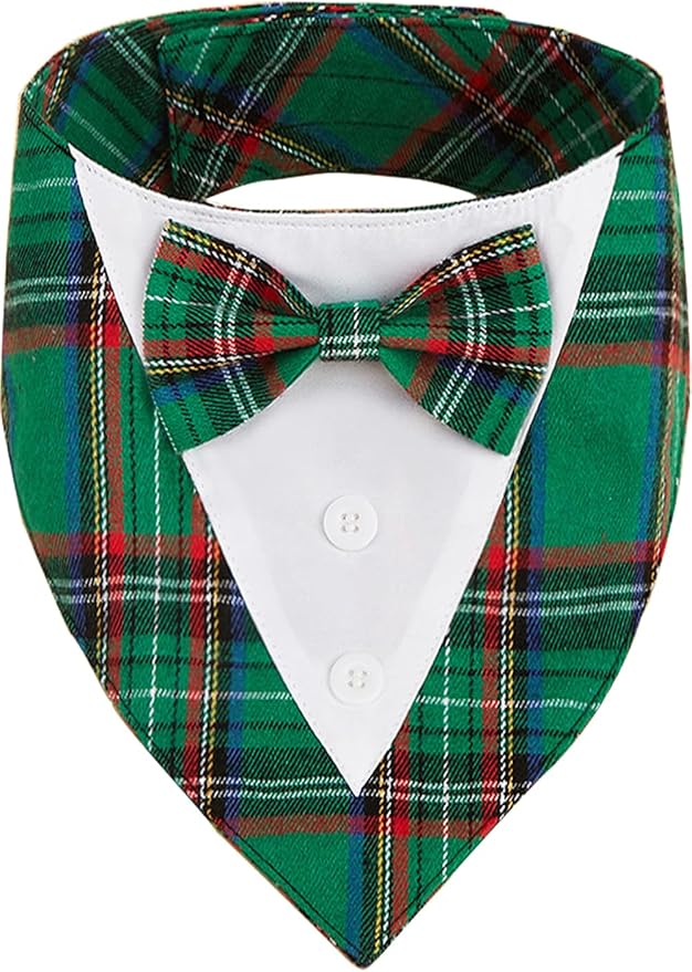 Adjustable Green Plaid Christmas Dog Tuxedo Bandana with Bow Tie - Holiday Pet Outfit Costume for Dogs XS to XL