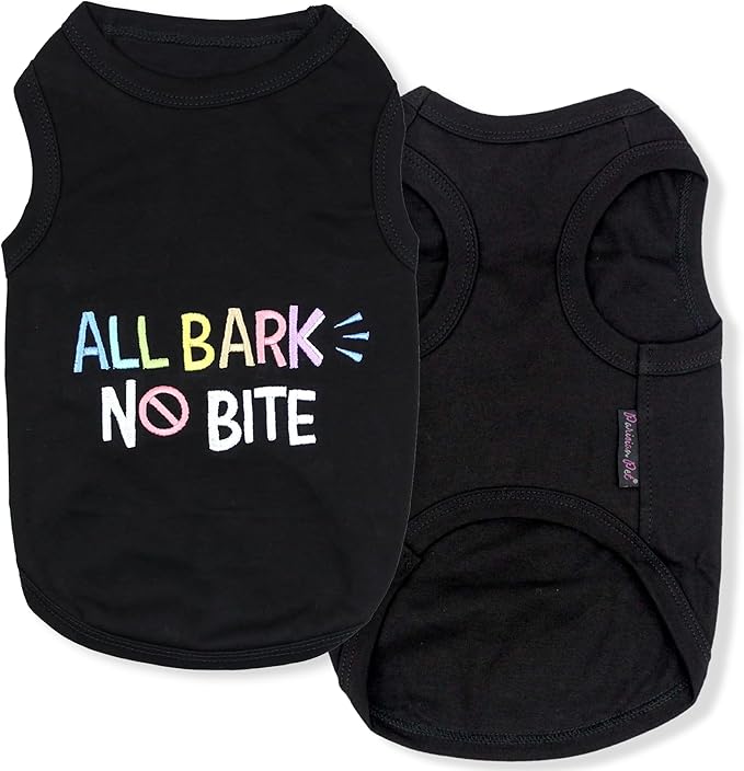 Parisian Pet Dog T-Shirt - Embroidered ' All Bark No Bite ' 100% Cotton, Dog Clothes - Sleeveless Pet Vest - Machine Washable Dog Shirts for Small Dogs XS