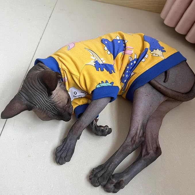 Sphynx Hairless Cat Cute Summer Cotton T-Shirts Pet Clothes,Round Collar Kitten Shirts Cats Apparel (Dinosaur, S (3.3-4.4 lbs))