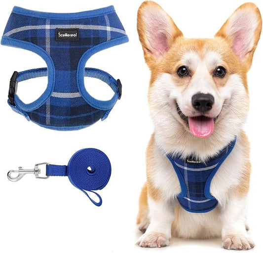 SCENEREAL Puppy Dog Harness with Leash Set for Small Medium Sized Dogs, Soft Mesh Step in Pet Harnesses and Leash, No Chock Plaid Adjustible No Pull Vest for Dogs Cats, Chihuahua,Bulldog (Blue M)