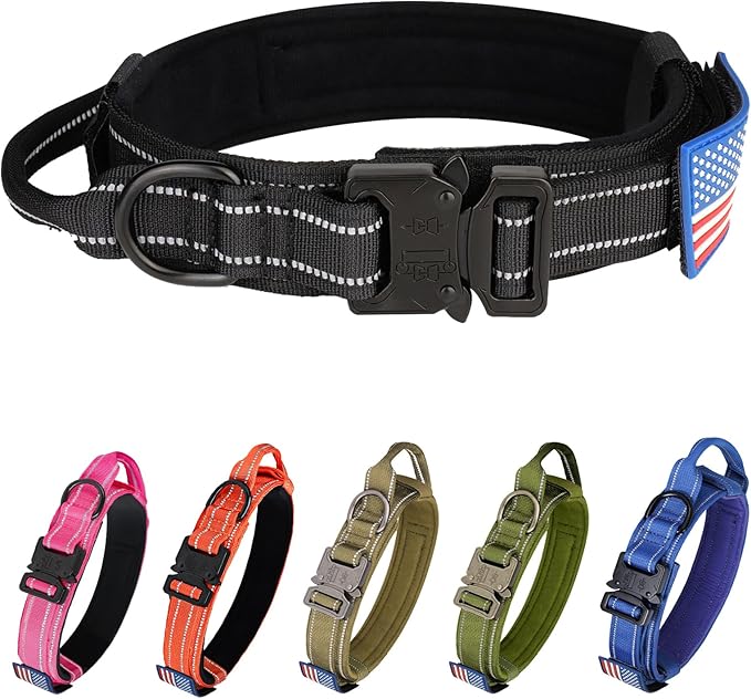 KCUCOP Tactical Dog Collar for Medium & Large Dogs - Military Nylon Heavy Duty Collar with Handle, Reflective Strip & Metal Buckle for Training, Outdoor (Black Reflective, XLarge)