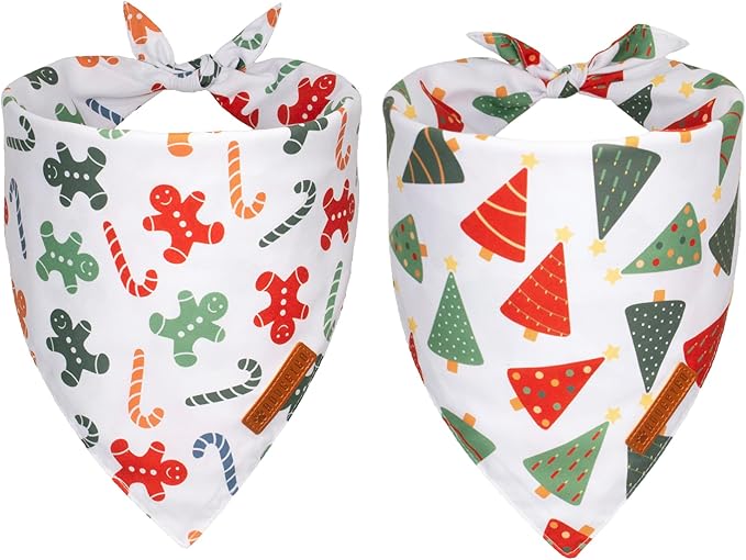 ADOGGYGO Christmas Dog Bandanas, Xmas Tree Candy Scarf, Premium Durable Fabric, White Christmas Bandanas for Medium Large Dogs Pets (Large)