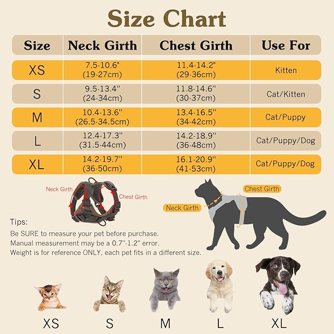 Cat Harness and Leash Set for Walking, Adjustable Kitten Vest Harness with Reflective Strip Breathable Mesh, Escape Proof Soft Pet Safety Vest for Cats, Kittens, Puppies, XL Coffee