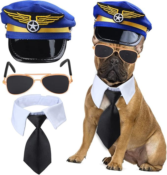 Yewong 3 Pieces Pet Captain Pilot Costume Accessory Set Dog Cat Pilot Hat Formal Necktie Collar Pilot Costume Accessories for Pet Pilot Fancy Dress Halloween Party (Set-C)