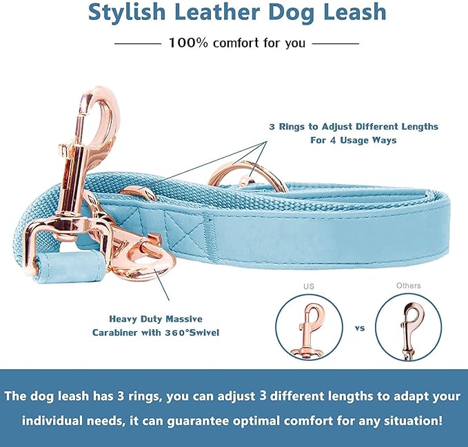 Soft Leather Dog Collar and Leash (6.6') Set - Stylish Rose Gold Heavy Duty Metal Buckle, 4 Adjustable Lengths Leash for Small Medium Large Dogs - Comfortable & Easy to Clean Light Blue L(15.4"-24.8")