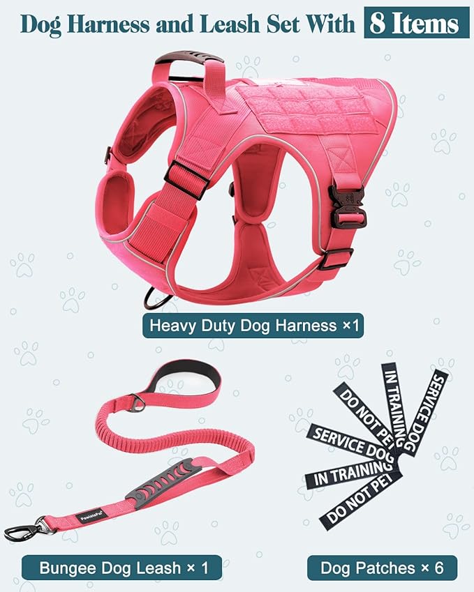 Reflective Pink Service Dog in Training Vest Harness Leash Set for Medium Dogs, Adjustable Heavy Duty Padded Dog Harness, with Front Clip and Metal Buckles Do Not Pet for Training, Hiking