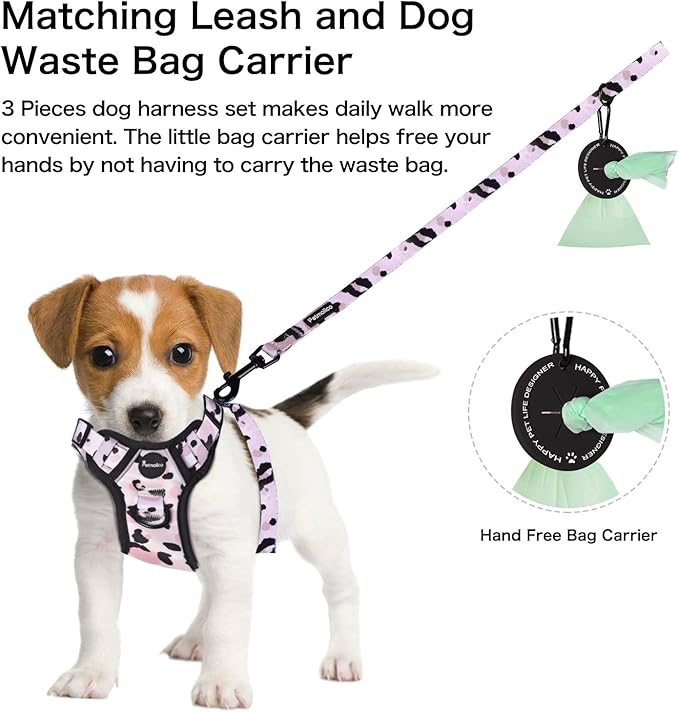 Petmolico Dog Harness for Small Dogs, Cute Harness Vest with Two Leash Clips and Soft Handle, Reflective Easy Walk Puppy Vest - Pink Leopard, Small