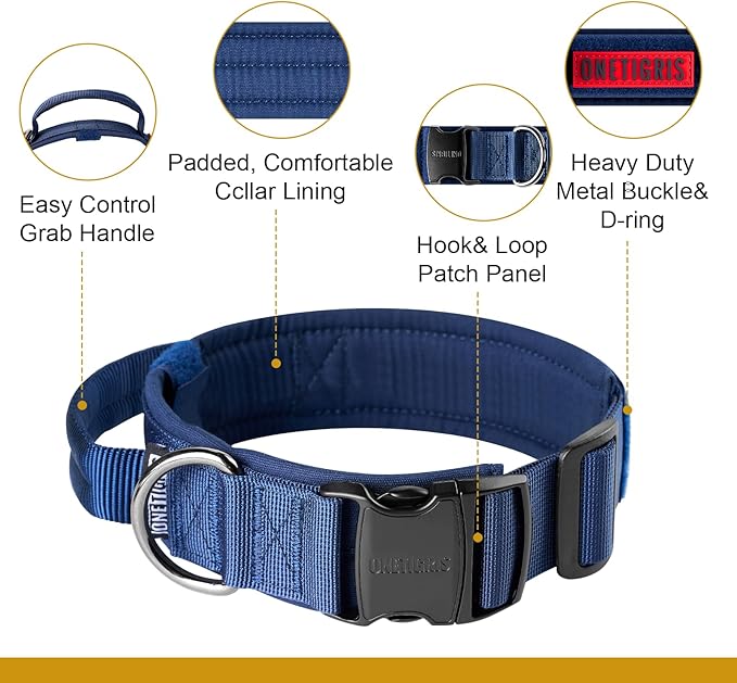 OneTigris Tough Dog Collars, Tactical Dog Collar with Handle, Milltary Adjustable Dog Collar with Heavy Duty Metal Buckle for Training (Large,Blue)