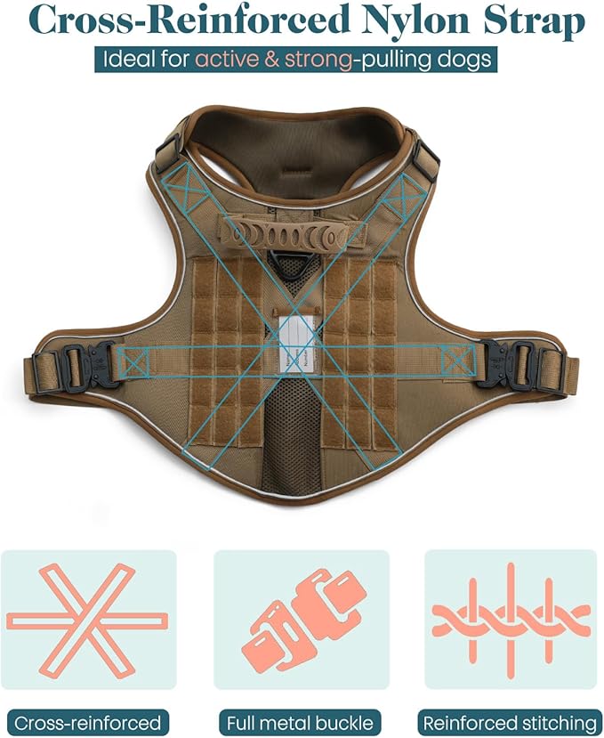 Reflective Service Dog in Training Vest Harness Leash Set for Medium Large Dogs, Adjustable Heavy Duty Brown Padded Dog Harness, with Front Clip and Metal Buckles Do Not Pet for Training, Hiking