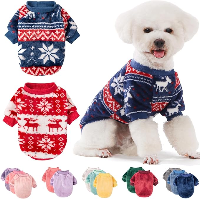 FabriCastle Christmas Dog Sweater, 2-Pack Dog Clothes, Ultra Soft and Warm Pet Jackets for Small Dogs & Cats, Winter Pet Apparel Costumes, Puppy Outfits (Red,Blue, Large)
