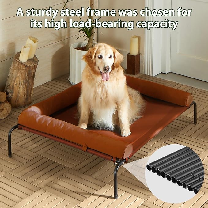 Cooling Elevated Dog Bed for Large Dogs – Waterproof Raised Dog Cot with Slope Headrest, Breathable Teslin Mesh, Durable & Portable Pet Bed for Indoor and Outdoor Use, Caramel