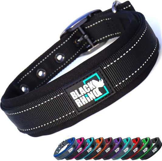 Black Rhino Dog Collars for Large Dogs - Adjustable Reflective Heavy Duty Dog Collar with Ultra-Soft Neoprene Padding - Weatherproof, Durable, and Comfortable - Ideal for Active Dogs - Black