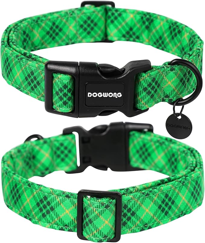 DOGWONG St. Patrick's Day Dog Collar, Green Plaid Dog Collar Soft Durable Adjustable Costume St. Patrick's Day Green Grid Puppy Collar for Small Medium Large Dog
