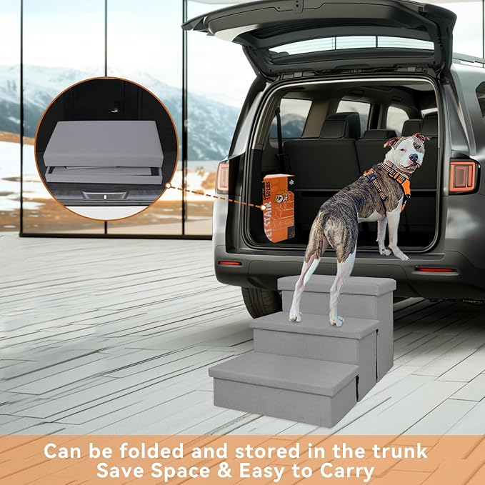 Dog Stairs with Condo 18" H, 3-Step Wider Dog Steps for High Beds Couch, Folding Storage Pet Stairs Gift for Small/Medium/Large Old Dogs Cats, Ramp for Climbing Car Up to 200 lbs, Smok Gray