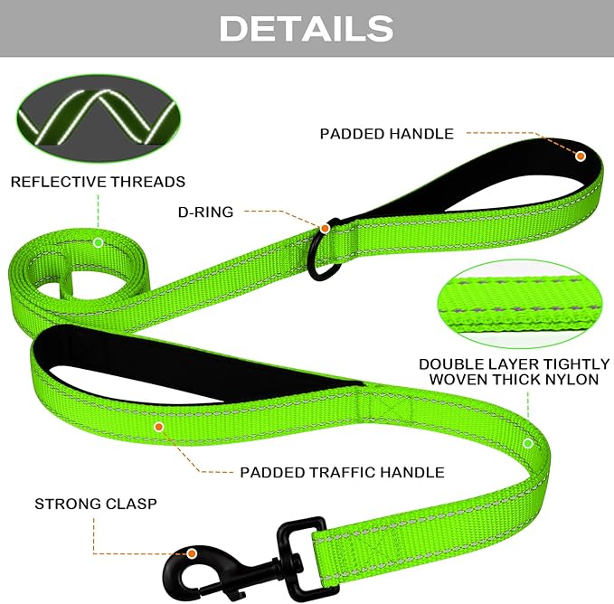Joytale Dog Leash Heavy Duty for Large Dogs That Pull, Double Handle for Traffic Control, Double-Sided Reflective Leashes for Large Medium Dogs Night Safety, 5FT, Green