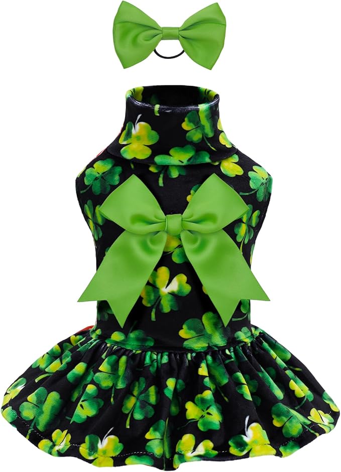 CuteBone Turtleneck Dog Velvet Dress St. Patrick's Day Four Leaf Clover Puppy Skirt Costume Pet Clothes Cat Apparel with Bow Hair Rope for Small Dogs CVD20XS