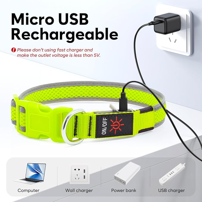 Flashseen LED Dog Collar, USB Rechargeable Light Up Dog Collar Lights, Adjustable Comfortable Soft Mesh Safety Dog Collar for Small, Medium, Large Dogs(Large, Neon Green)