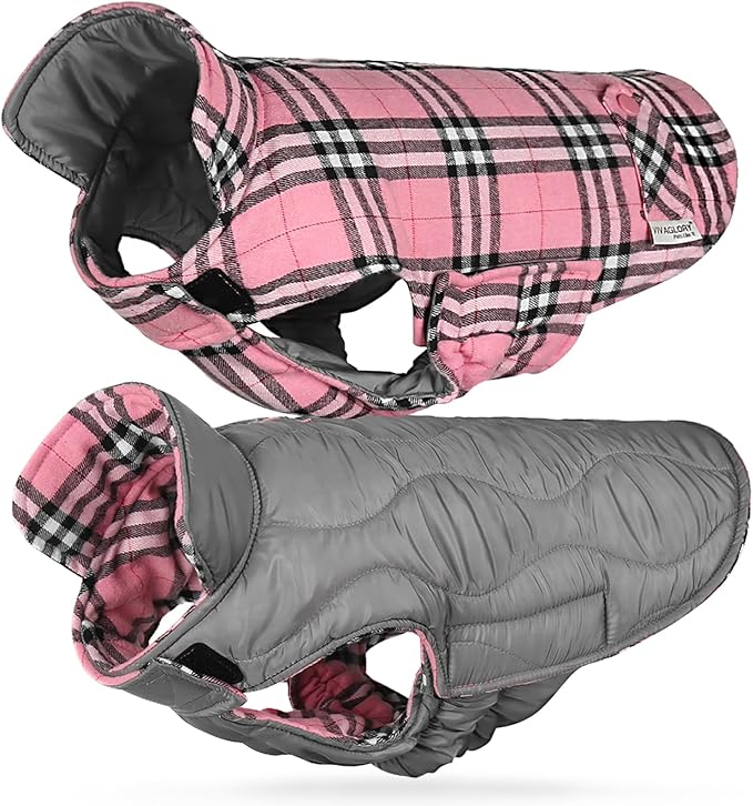 VIVAGLORY SoftJoy Dog Winter Coat - British Style Plaid Jacket & Vest for Cold Weather - Reversible, Warm & Heavy Duty - XL Pink