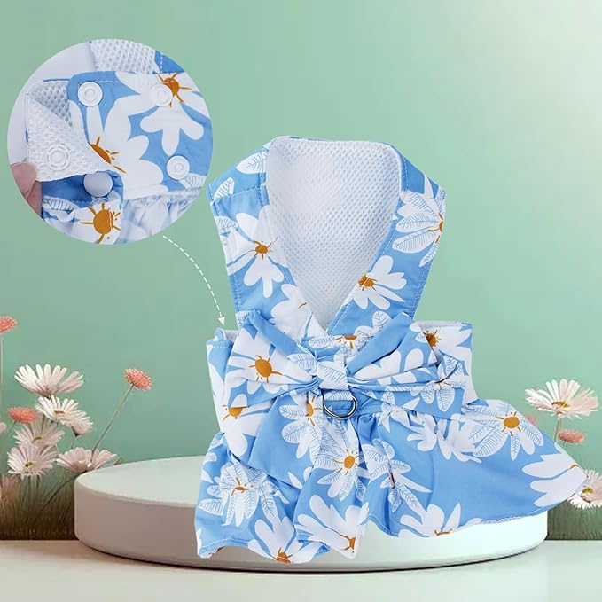 Dog Dress Bowknot Harness Leash Set for Small Girl Dogs Blue Daisy Floral Dog Cat Clothes Cute Puppy Outfits Pet Clothes Spring Summer Breathable Dresses(Small)