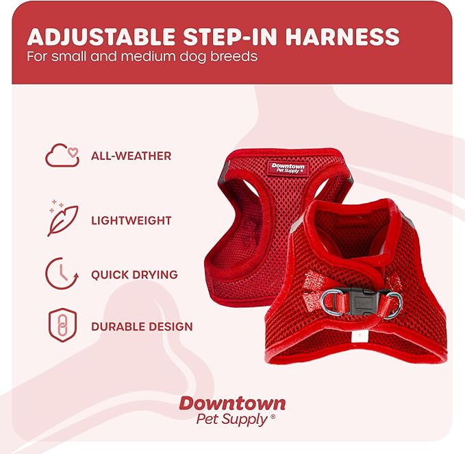 Downtown Pet Supply Step in Dog Harness for Small Dogs No Pull, Large, Red - Adjustable Harness with Padded Mesh Fabric and Reflective Trim - Buckle Strap Harness for Dogs