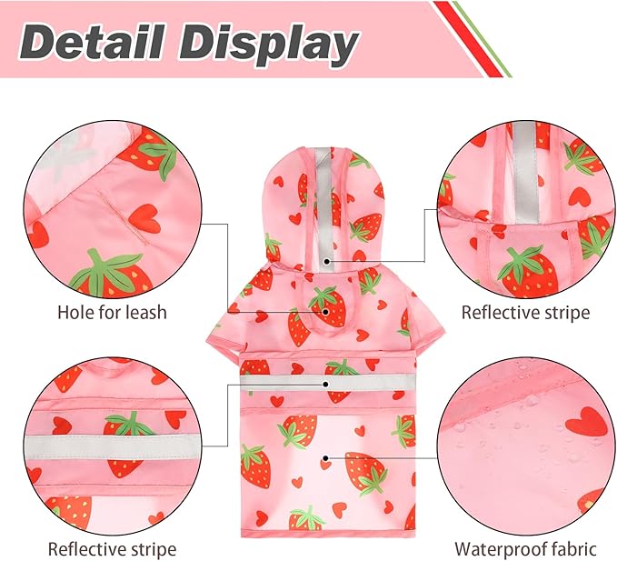 KOOLTAIL Dog Raincoat Hooded Slicker Poncho with Leash Hole, Waterproof Dog Rain Jacket, Reflective Strip, Adjustable Breathable Puppy Rainwear - Strawberry M