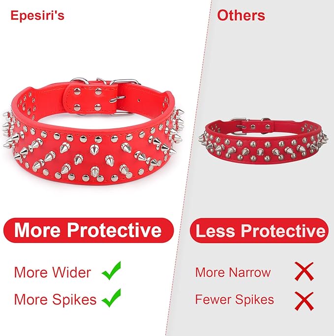 Epesiri Adjustable Wide Spiked Dog Collar, Mushroom Rivet PU Leather Cat Dog Collars, Durable Spike Studded Pet Collar for Small Medium Large Breed, Pitbull Mastiff Bulldog Pugs Husky Rottweiler, Red