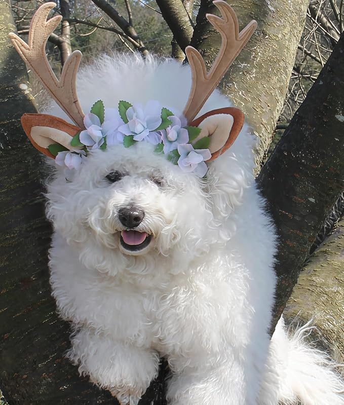 Dog Cat Christmas Reindeer Ears Antlers Headband Adjustable, Forest Flower Elk Hat Headwear Pet Deer Hair Cosplay Costumes Accessories for Halloween Merry Christmas (L(for Medium and Big Dogs))