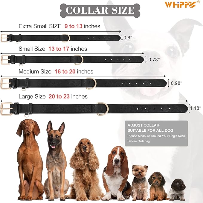 WHIPPY Leather Dog Collar for Small Medium Large Dog Adjustable Soft Breathable Leather Padded Puppy Collar with Alloy Buckle Heavy Duty Waterproof Classic Dog Pet Collar,Black,S