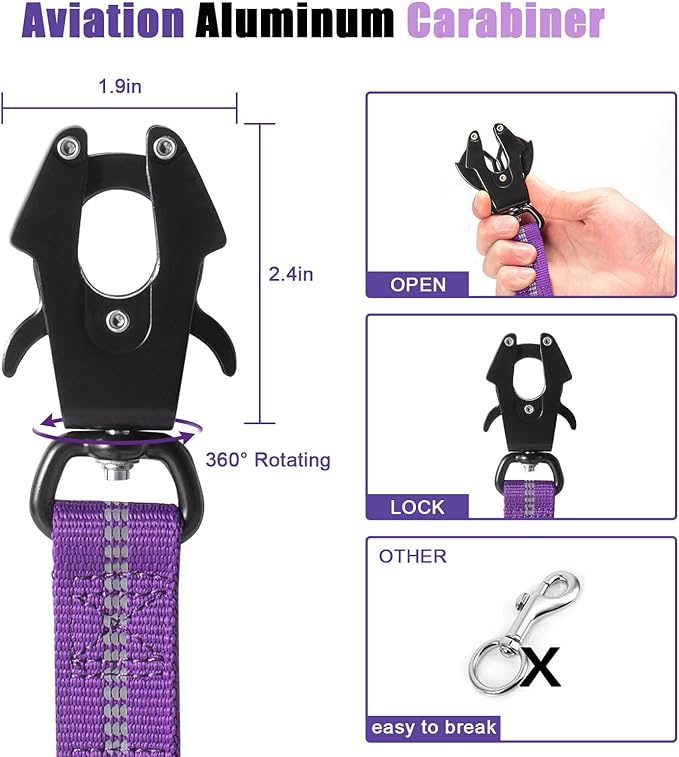 Raipult Shock Absorbing Tactical Dog Leash, 4-6FT Heavy Duty Bungee Leash, Anti-Pull Elastic Training Lead with Car Seatbelt & 2 Handles for Medium Large Dogs,Purple