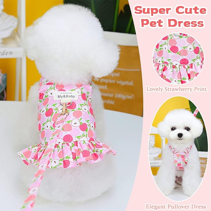 Small Dog Dress Harness and Leash Set Cute Princess Birthday Dog Dresses Soft Fruit Print Puppy Dresses Girl Dog Clothes for Small Dogs Cats Chihuahua Yorkie Shih Tzu (Pink Apple,S)