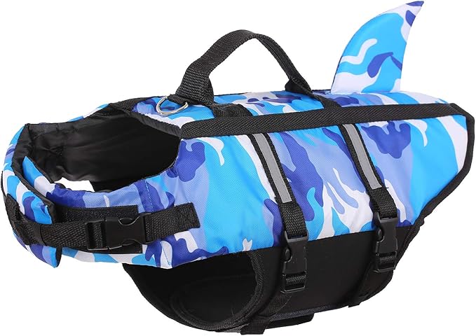 Queenmore Dog Life Jacket Pet Safety Vest High Buoyancy Camouflage Color Cute Shark with Strong Rescue Handle and Leash Ring for Boating, Canoeing, Surfing, Hunting, Blue L