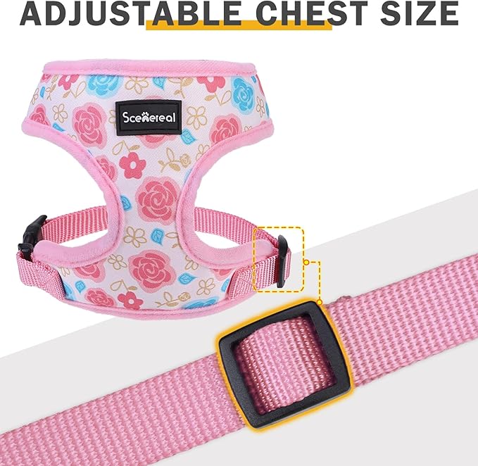 SCENEREAL Small Dog Harness Collar and Leash Set, Adjustable No Pull Pet Harnesses, No Chock Soft Mesh Step in Vest for Doggie Puppy Medium Dogs Cats Girl or Boy,Chihuahua, Yorkie, Outdoor Walking
