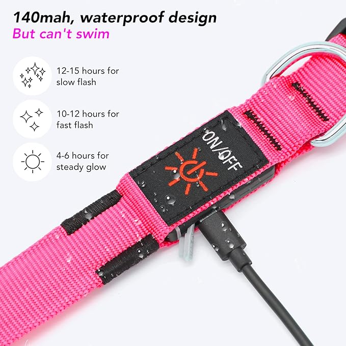 Light Up Dog Collar at Night, Led Dog Collar Adjustable, Lighted Dog Collar Rechargeable Waterproof, Dog Lights for Night Walking, Glow in The Dark Dog Collars Light for Medium Large Dogs PM