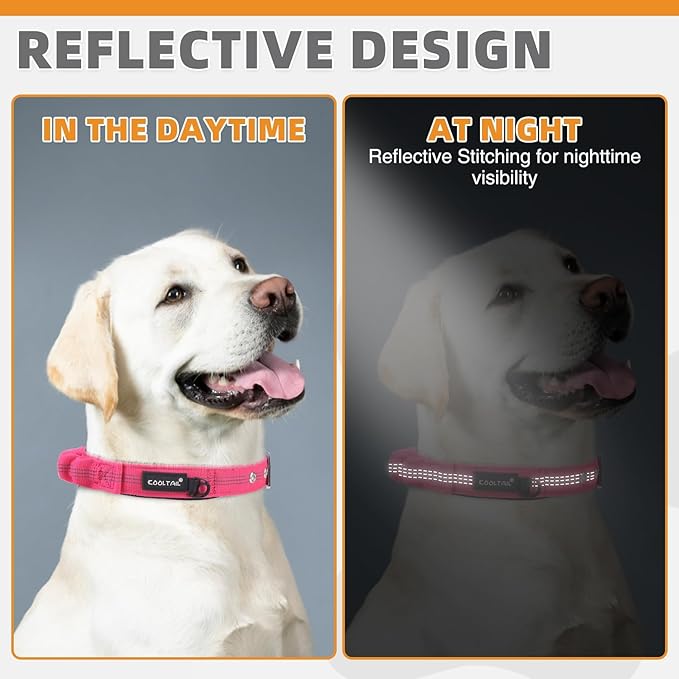 KOOLTAIL Heavy Duty Dog Collar with Handle for Large Dogs, Ballistic Nylon Collar for Training Control, Soft Padded Thick Wide Reflective Dogs Collar with Adjustable Metal Buckle for Walking, Pink M