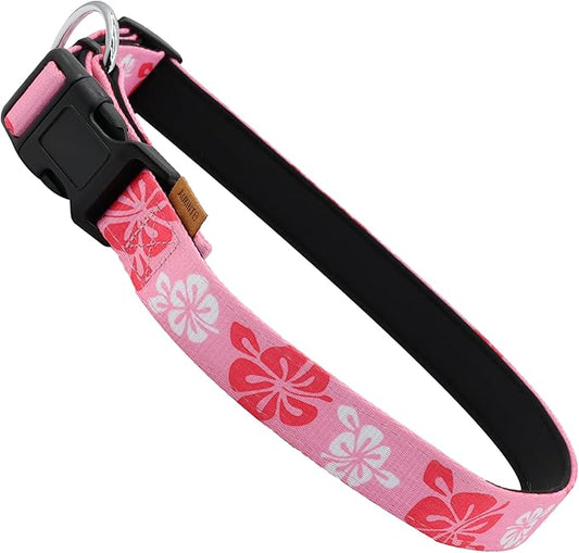 Dog Collar, Cute Floral Pattern, Neoprene Padded and Adjustable Collar with Quick Release Buckle, Reinforced Structure (L (Neck 18-28", Width 1"), Hawaiian Pink)