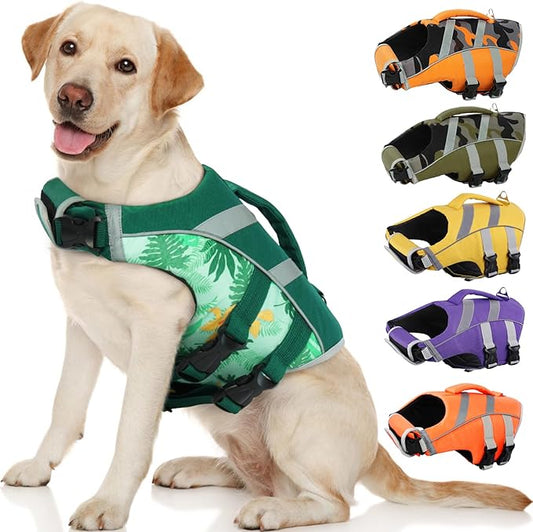 Kuoser Dog Life Jacket with Reflective Stripes, Adjustable Visibility Dog Life Vest, Ripstop Lifesaver for Small to Large Dogs