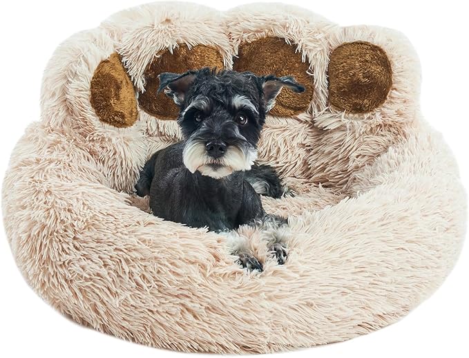 Jiupety Paw Shape Calming Pet Bed, Plush Faux Fur Donut Bed for Dogs & Cats, Machine Washable, Non-Slip Bottom, Large Size (26"×26"×8"), Camel