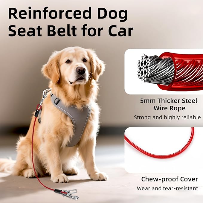 Dog Seat Belt for Car, 32" Chew-Proof Coated Wire Dog Car Leash Seat Belt, Dog Leash with Buckles and Latch, Safety Harness for Small, Medium, Large Dog or Cat, Travel, Red + Blue, 2 Pack