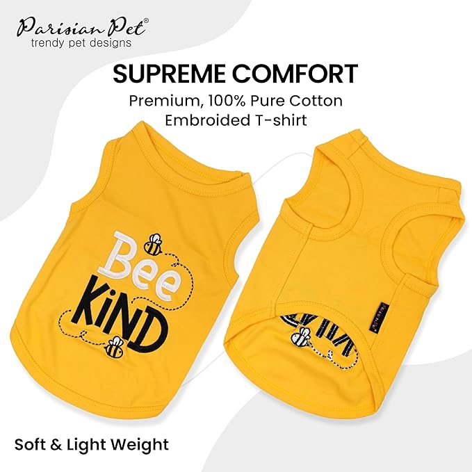 Parisian Pet Dog Tshirt - Embroidered “Bee Kind“ Dogs Clothes - Lightweight Dog Tank Top - 100% Cotton, Sleeveless Doggy Tee Shirts - Machine Washable Shirts for Small Dogs - XS