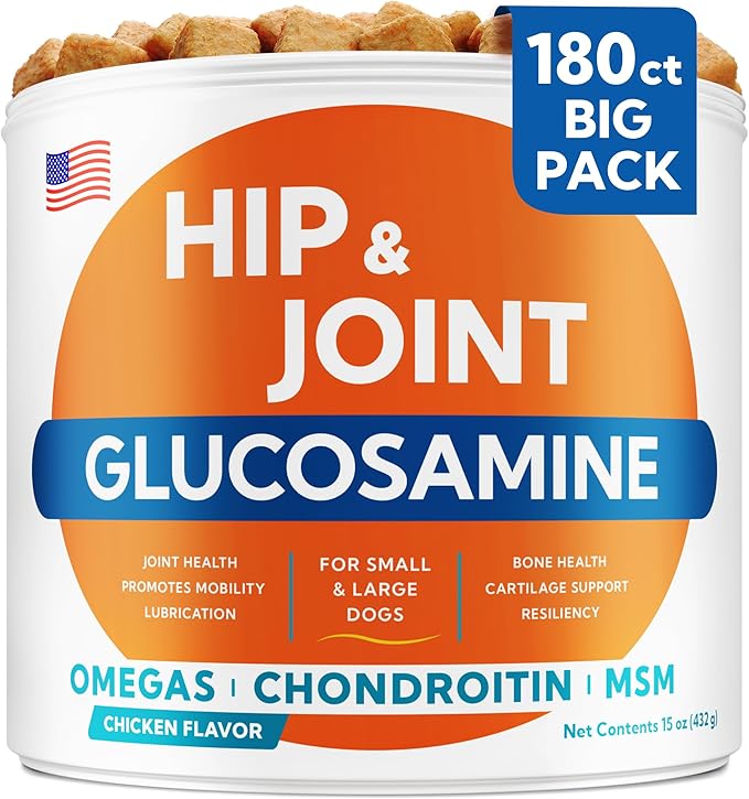 Glucosamine for Dogs Hip & Joint Supplement - Chondroitin, Omega-3, MSM - Joint Health & Pain Relief - Senior & Large Dogs - Made in USA - 180 Mobility Chews