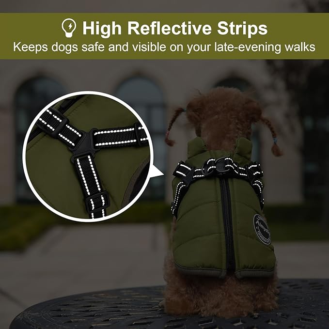 Dog Winter Coat, Warm Jacket Reflective Fleece Vest with Harness, Waterproof Windproof Snowsuit with Zipper for Small Medium Dogs, Green XS