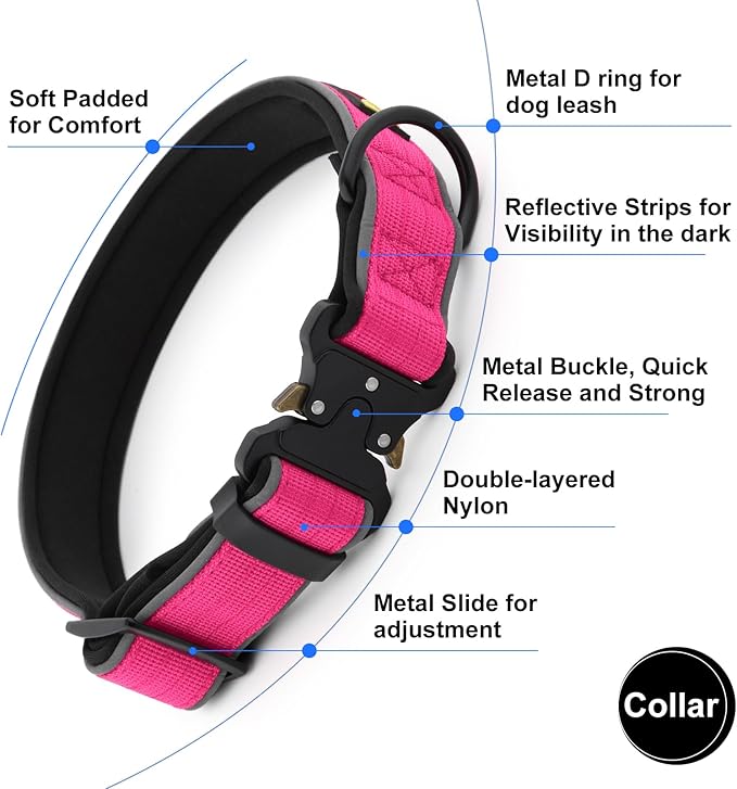 Plutus Pet Tactical Dog Collar, Reflective, Adjustable Heavy Duty Dog Collar, Soft Padded and Comfortable, for Small Medium and Large Dogs (Hot Pink, XS)