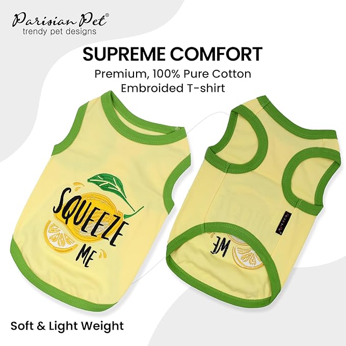 Parisian Pet Dog Tshirt - Embroidered “ Squeeze Me “ Dogs Clothes - Breathable and Lightweight Dog Tank Top - Sleeveless Doggy Tee Shirts - Machine Washable Shirts for Small Dogs - XXS