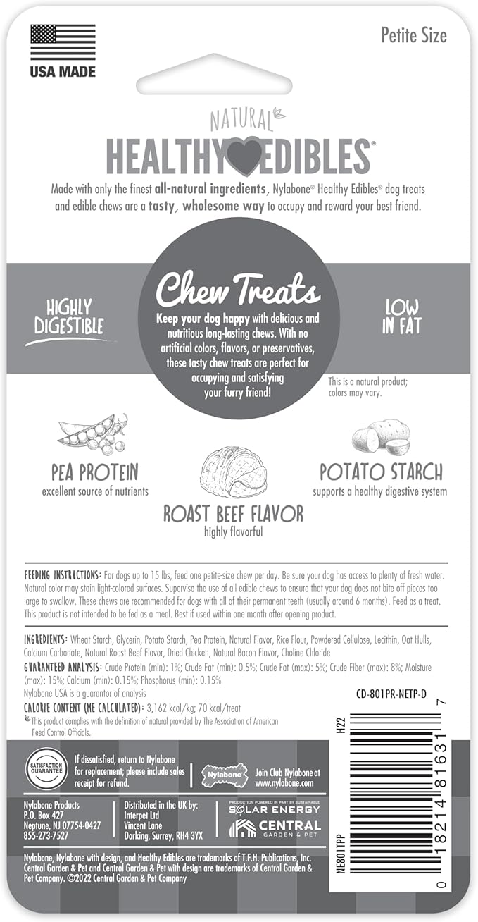 Nylabone Healthy Edibles Natural Dog Chews Long Lasting Chew Treats for Dogs, Roast Beef Flavor, X-Small/Petite (2 Count)