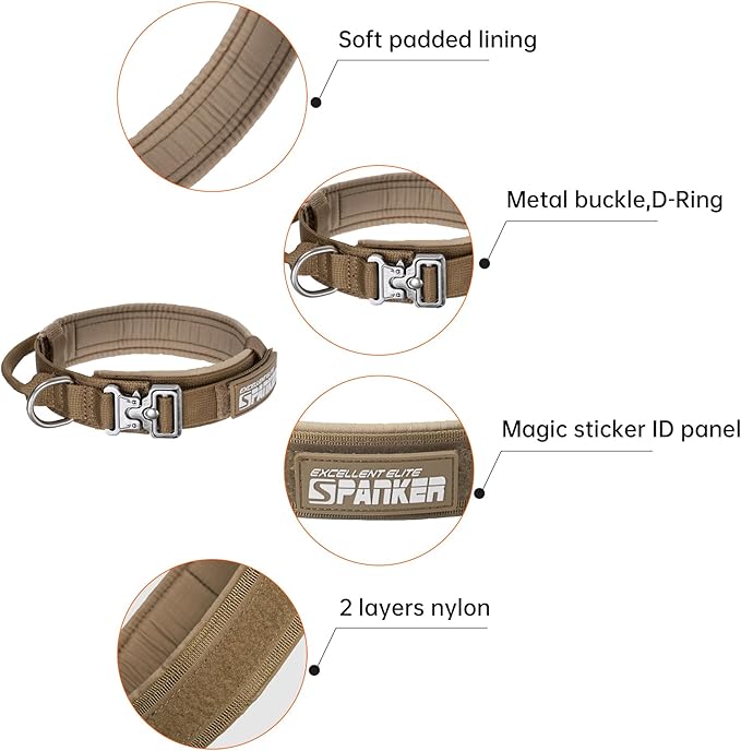 EXCELLENT ELITE SPANKER Tactical Dog Collar Nylon Adjustable Training Collar Military Dog Collar Heavy Duty Metal Buckle with Control Handle for Medium and Large Dogs with Patches(COB-XL)