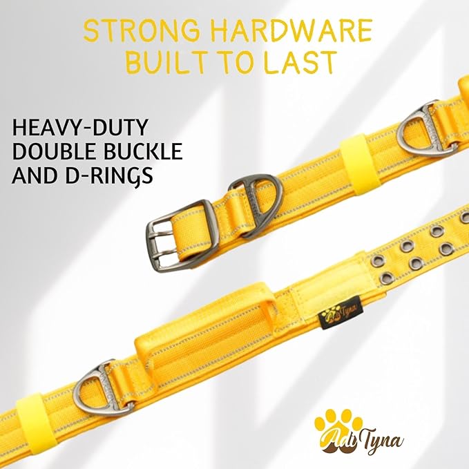 ADITYNA Heavy Duty Dog Collar for Large Dogs - Reflective Yellow Collar with Handle for Training, and Walking - Wide, Thick, Tactical, Soft Neoprene Padded