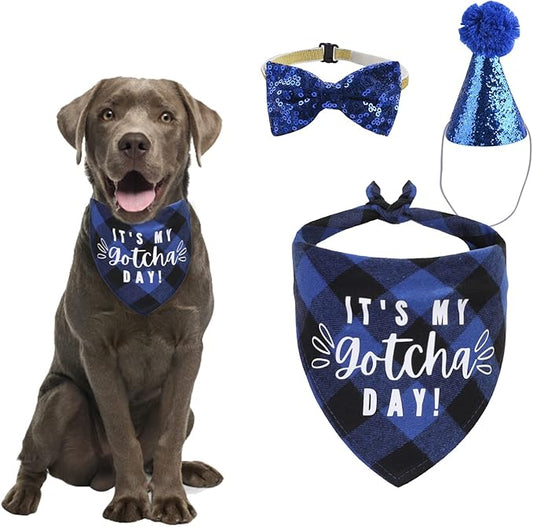 Dog Birthday Bandana Hat Bow Tie Set, 3 Pieces My Gotcha Day Plaid Triangle Bibs Scarf Bowtie Collar With Cone Hat for Party, Blue