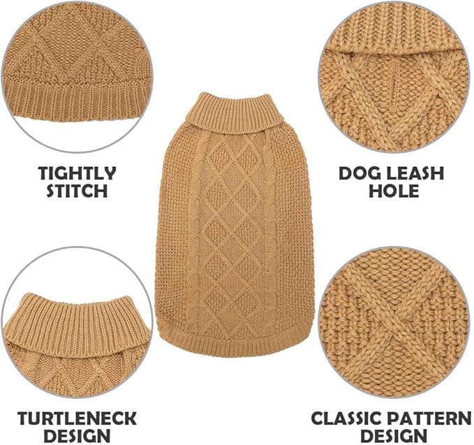 Mihachi Turtleneck Dog Sweater - Winter Coat Apparel Classic Cable Knit Clothes with Leash Hole for Cold Weather, Ideal Gift for Pet in New Year Khaki Medium