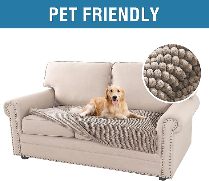 H.VERSAILTEX Plush Chenille Couch Protector Dog Bed Cover Thick Soft Loveseat Cover for 2 Cushion Couch Anti Slip Couch Cover Furniture Protector for Dog, Pet, Cat (35" x 62", Taupe)